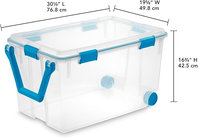 Sterilite 120 Qt Wheeled Gasket Box, Stackable Storage Bin with Latching Lid, Handle and Tight Seal, Plastic Container with Clear Base and Lid, 3-Pack