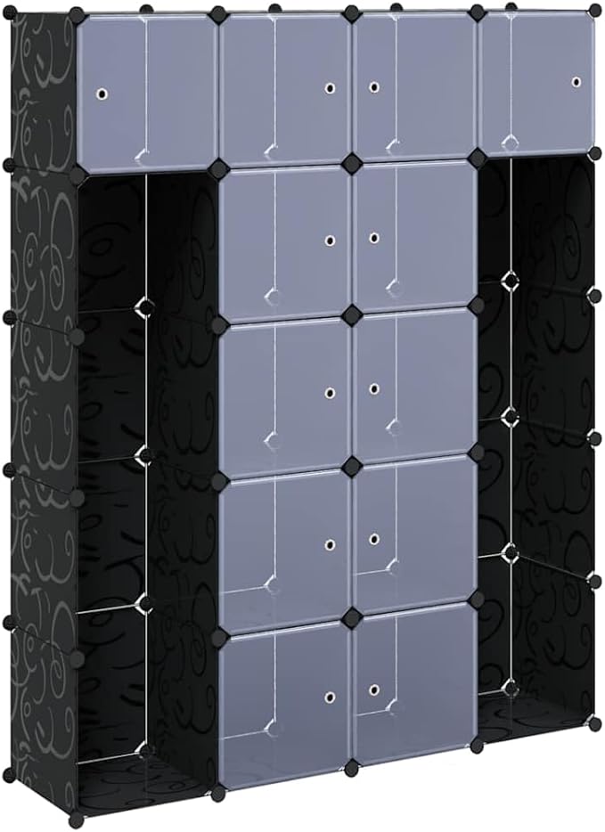 Modular Storage Cabinet Black and White Plastic Large 14 Compartments for Clothes Shoes and General Items with Durable Synthetic Plastic and Chrome Steel Construction