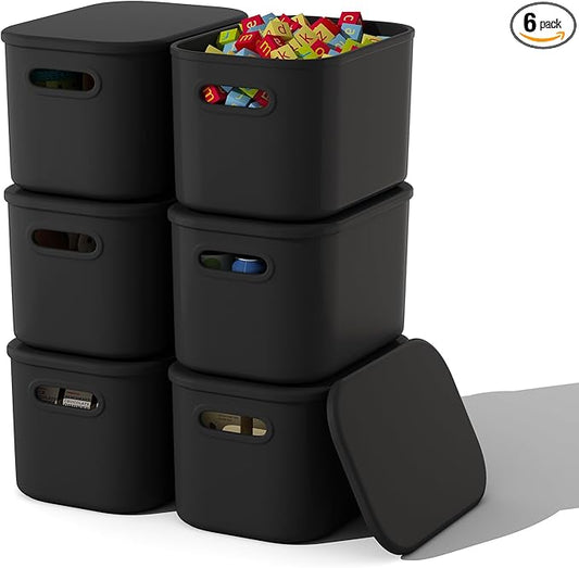 ORGIDOL 6 Pack Black Storage Bins with Lids Stackable Storage Container for Organizing, Black Storage Boxes with Handle for Shelves, Cute Organizer Bins for Craft, Snacks, 9.85x6.9x5.7 inch