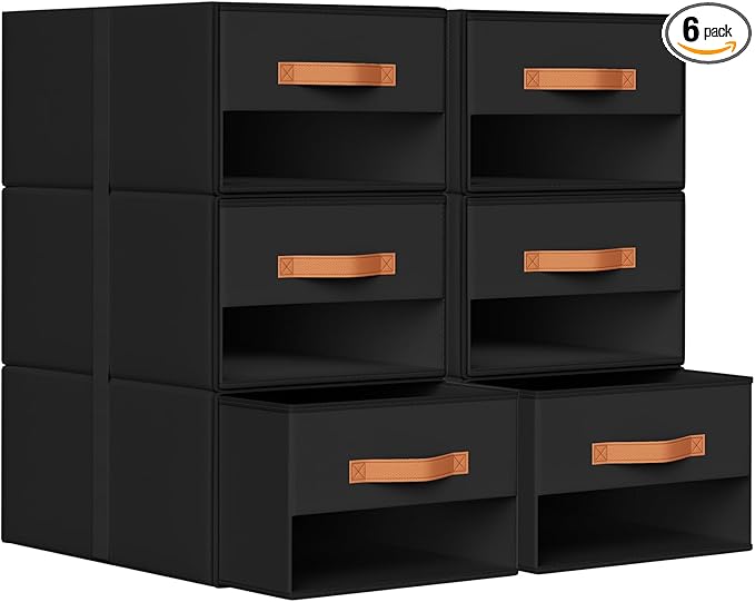 DIMJ Closet Organizers and Storage - Pull-out Fabric Bins with Drawers for Closet Foldable Clothes Organizers with Clear Window, Stackable Storage Drawers for Bedroom,Living Room,Shelf,6-Pack, Black