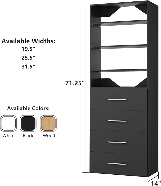 ROOMTEC Modular Closet System, 19.5" 4 Drawer Shelf Closet Tower Wall-Mounted Closet Organizer, Wooden Tower for Walk-In Closets, Wardrobe Storage Kit, Black