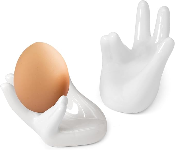 2 Pcs Creative Ceramic Egg Stands, Porcelain Egg Holders Hand Shaped Egg Cups Holder for Hard Boiled Eggs in Living Room, Restaurant and Dining Table for Breakfast, Display