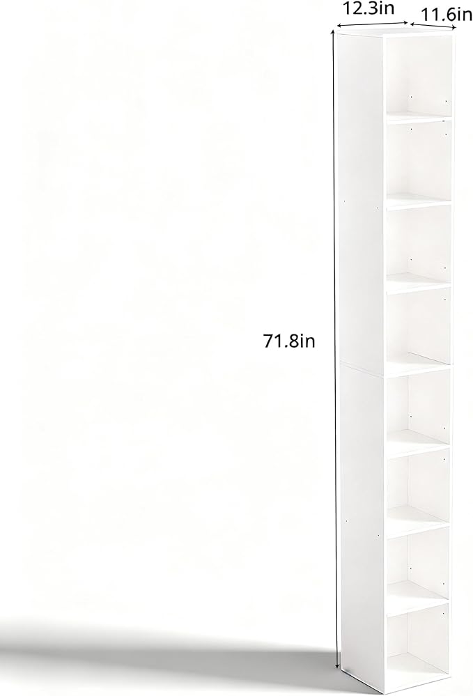 8-Cube Storage Organizer Bookcase, White, Tall Narrow Bookshelf for Home Office (White)