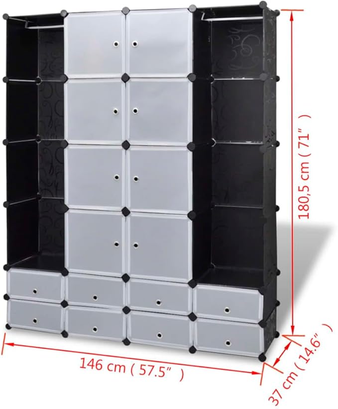 Modular Storage Cabinet Black and White Plastic and Steel Wire Flexible Storage Solution with 18 Compartments for Clothes Shoes Household Items