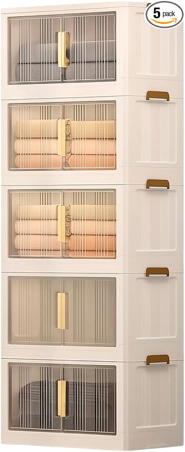 Storage Bins with Lids, 5 Tier 300 QT Stackable Plastic Storage Bins, Foldable Storages Boxes with Magnetic Doors and Wheels for Clothes, Snacks, Books, Folding Containers for Home Office