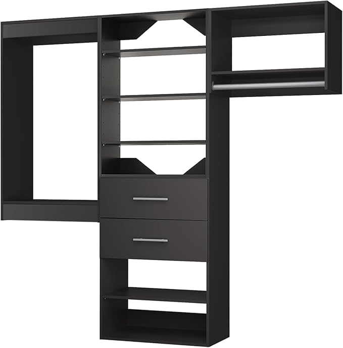 ROOMTEC Modular Closet System, 96" Wall Mounted Modern Closet Organizer with Hanging Rods and Drawers, Wooden Tower for Walk-In Closets, Wardrobe Storage Kit, Black