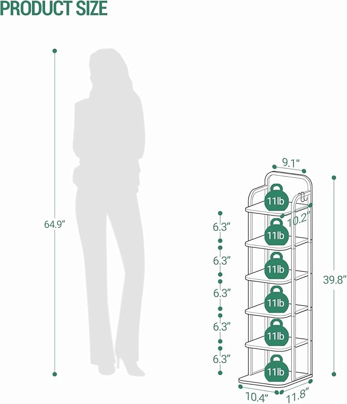 Hzuaneri 6 Tiers Vertical Shoe Rack, Narrow Shoe Tower, Tall Shoes Shelf with 2 Hooks, Adjustable Shelves, Corner Shoes Shelves for Small Spaces, Entryway, Living Room, White Gold SR04213A