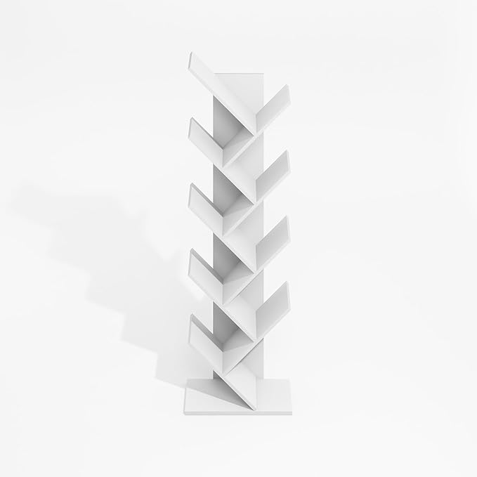 Furinno Tree Book Shelf, 9-Tier Bookshelf, Tree Bookcase for Room Decor, 8.4 x 15.7 x 50.9, for Living Room, Bedroom, Home Office, Plain White
