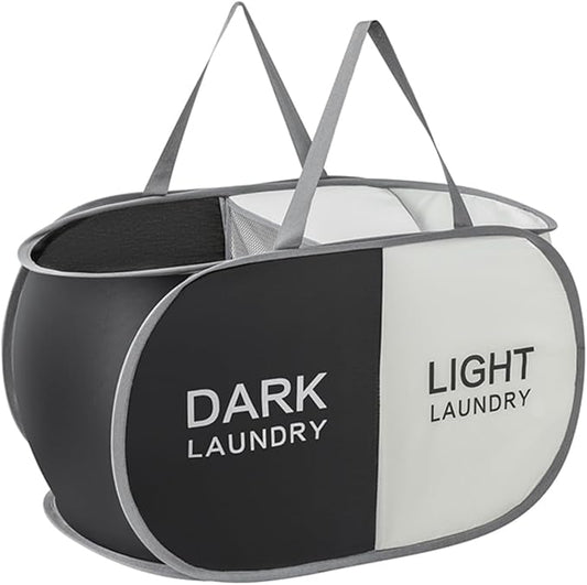 Collapsible Laundry Basket Durable Pop Up Hamper with 2 Compartments for Sort and Storage, Portable Dirty Clothes Hamper for Dorm, Laundry Room or Travel (Black + Begie)