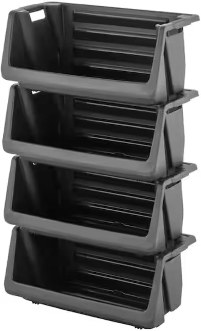 55 Gallon Stackable Storage Bin, Black, Heavy Duty, Space Saving, Multipurpose