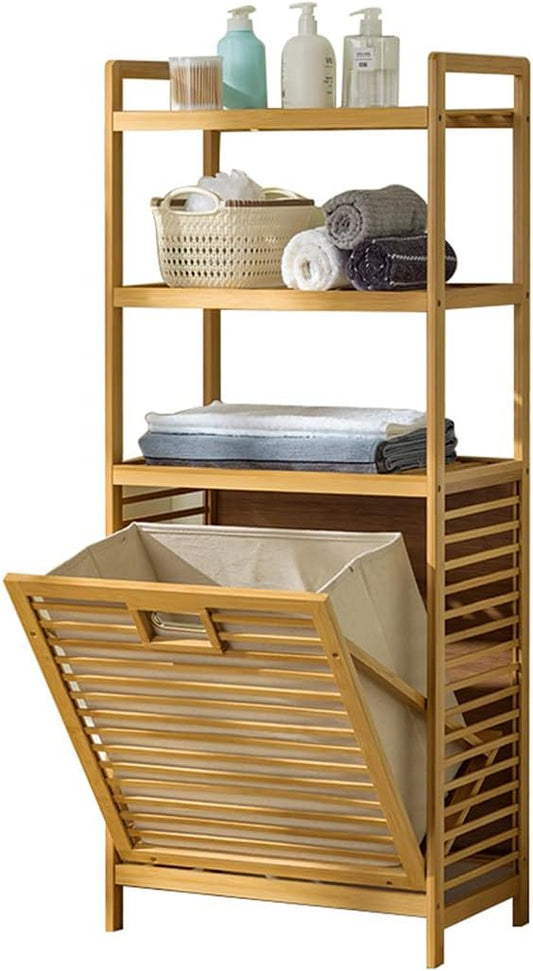 Baveke Bamboo Laundry Hamper with 3 Tier Shelves & Tilt Out Basket, Laundry Baskets Organizer Hampers Bathroom Storage Shelf for Laundry Room, Bathroom, Guest Room（3-Tier, Large）