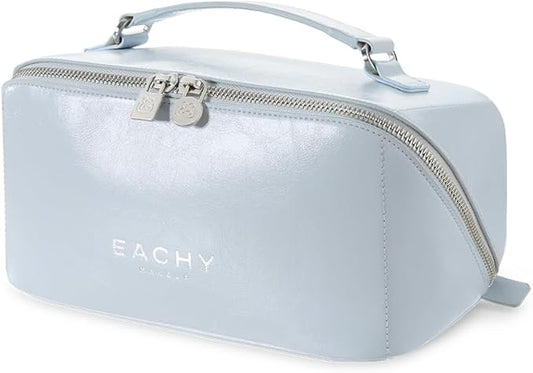 EACHY Travel Makeup Bag, Large Capacity Cosmetic Bag for Women, Waterproof PU Leather, Flat Open Portable Toiletry Bag for Skincare, Brushes & Travel Essentials