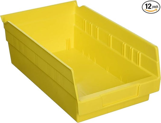 Akro-Mils 30130 Plastic Shelf Bins, Heavy Duty Storage Bins for Garage, Closet, and Drawer Organization, 12" x 6-1/2" x 4", Yellow, 12-Pack