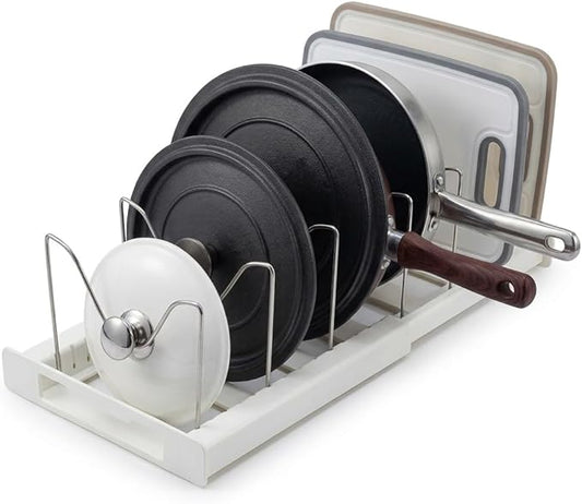 OMIO Expandable Pots and Pans Organizer Rack Under Cabinet, 12"-22" Adjustable Lid Holder with 7 Stainless Steel Dividers, White ABS Kitchen Storage for Lids, Pans, Cutting Boards