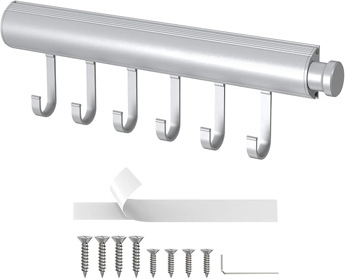12 inch Valet Rod for Closets Pull Out, Closet Rods Extenders for Hanging Clothes Telescoping Adjustable With 6 Hooks (Silver, 12 Inch-1 Pack)