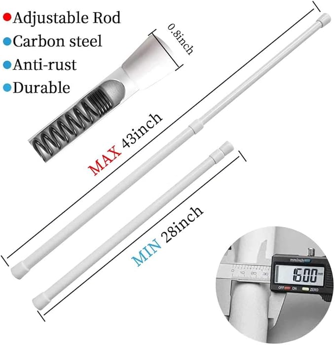 2 Pack Spring Tension Curtain Rod Adjustable 28-43 Inches，5/8" Diameter， White，Small Short Expandable Spring Loaded Curtain Tension Rods For Window, Bathroom, Cupboards,Kitchen