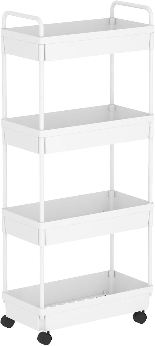 Buzowruil Rolling Storage Cart 4 Tier Organizer Mobile Shelving Unit Storage Rolling Utility Cart with Wheels for Kitchen Bathroom Laundry,White
