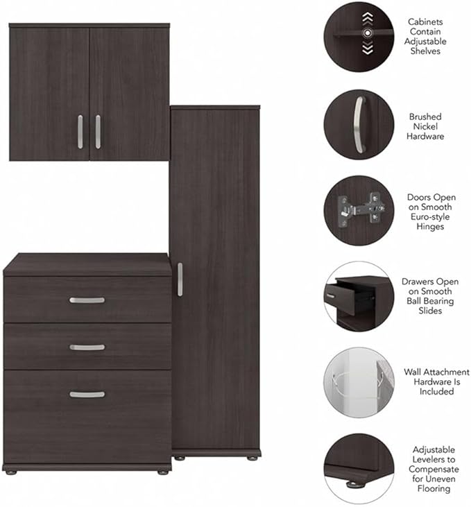 Pemberly Row Modular Storage Set, 44W 3Pc Storm Gray Finish, Includes Tall Narrow Cabinet, Floor Cabinet with Drawers, Wall Cabinet with Doors, Adjustable Shelves, Durable Home or Office Organization
