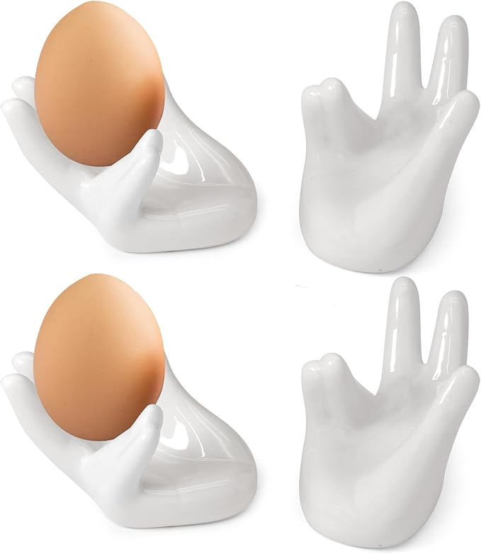 4 Pcs Creative Ceramic Egg Stands, Porcelain Egg Holders Hand Shaped Egg Cups Holder for Hard Boiled Eggs in Living Room, Restaurant and Dining Table for Breakfast, Display
