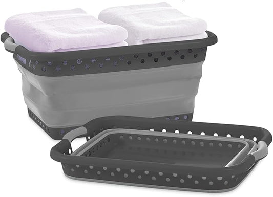 Pop & Load Collapse & Store 1 Large 25" Slim Collapsible Plastic Laundry Basket, Space Saving Portable Pop Up Storage & Organization Basket, 3" High When Folded, Dual Comfort Grip Handles, Black