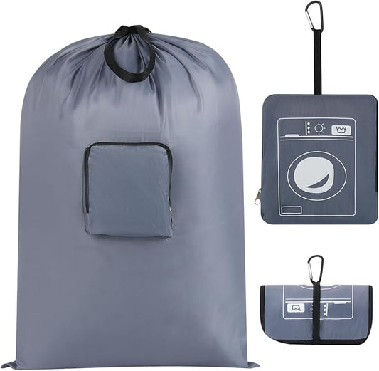 Laundry Bag, 24" x 33" Extra Large Heavy Duty, Nylon, Travel, Camping, Gray, Drawstring Closure