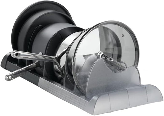 OMIO Pot Lid Organizer for Cabinet, A-560 Heavy Duty ABS Pan Rack Adjustable 9.8-22.8 inch with 8 Removable Dividers, Under Sink Storage for Cookware, Cutting Board, Dark Gray