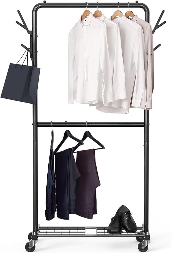 Simple Houseware Double Rod Garment Rack with Wheels and Hooks, Black