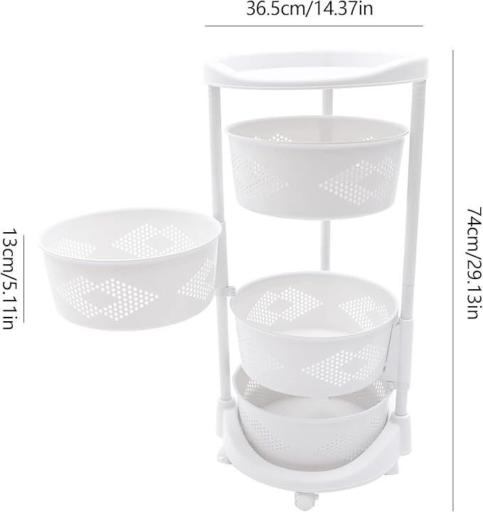 4 Tier Rotating Kitchen Storage Basket Rack Storage Shelf Cart Fruit Vegetable Organizer with Casters Rolling Multi-Layer Round Bin Storage Space Saver for Home Household Grocery