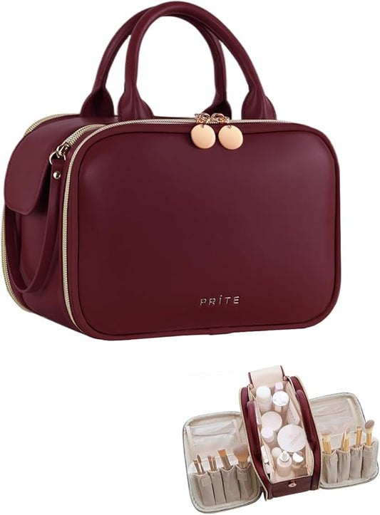 Prite Makeup Bag for Women, Large Capacity Waterproof Travel Cosmetic Organizer, Portable Open Flat Toiletry Bag with Free-standing Brush Holder and Handle (Burgundy Large)