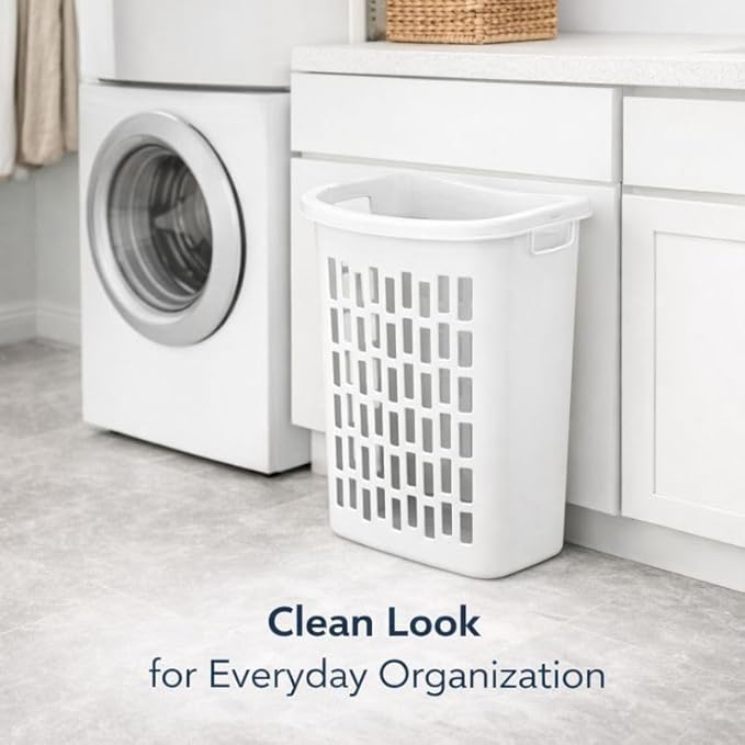Rectangular Laundry Hamper, Slim Plastic Clothes Basket with Ventilation Holes, Lightweight Open Top Design for Small Spaces, White (2)