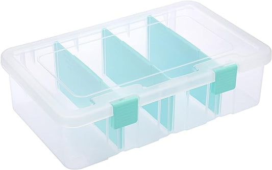 BTSKY Clear Plastic Dividing Storage Box with 4 Compartments Adjustable Storage Bin with Lid Plastic Craft Storage Container Multipurpose Sewing Box Art Supply Organizer, 13.3x8.1x3.4 Inches