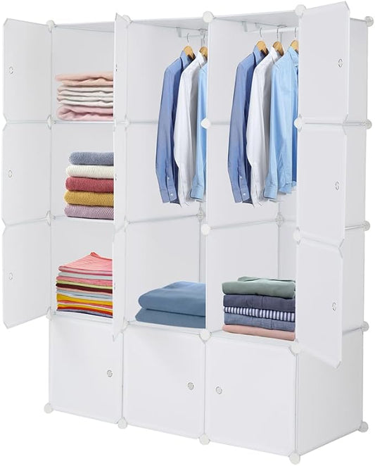 12 Cube Storage Organizer, Stackable Storage Shelves with Hanging Rod Customizable Closet Cabinet Durable Steel Frame Multi-Use DIY Design 13.8 inch Panels Max 10lb Capacity per Cube White
