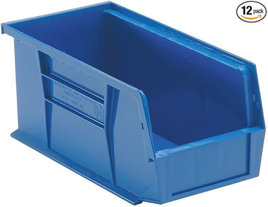 Quantum Storage QUS230 Heavy-Duty Stackable Plastic Storage Bins for Workshop, Warehouse & Garage, Ultra Stack & Hang, 10-7/8" x 5-1/2" x 5", Blue, 12-Pack