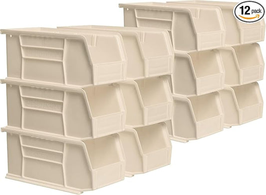 Akro-Mils 30230 AkroBins Plastic Storage Bins, Space-Saving Stackable Bins for Garage, Pantry, Craft Organization, 11" x 5" x 5", Stone, 12-Pack