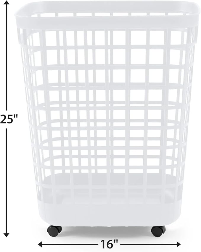 Rolling Laundry Hamper with Smooth-Glide Wheels, 2.6 Bushel Large Capacity Plastic Clothes Basket, Tall Ventilated Open-Top Bin for Easy Access, No Assembly Required Space Saving Storage, White