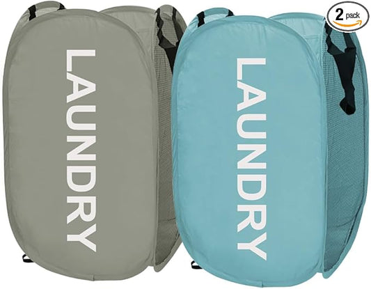 Larpur Pop Up Laundry Baskets, 2 Pack Mesh Laundry Hampers Collapsible Clothes Hampers for Home, Dorm, Travel (Gray + Blue)