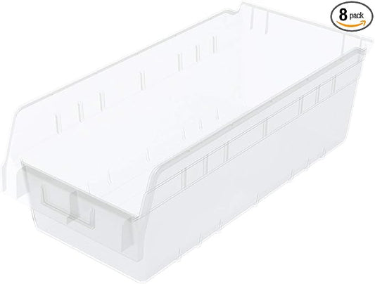 Akro-Mils 30088 Plastic Nesting ShelfMax Storage Bin Box, (18-Inch x 8-Inch x 6-Inch), Clear, (8-Pack)