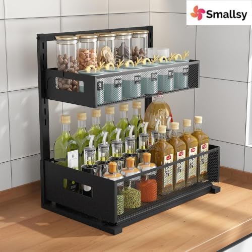 2-Tier Metal Under Sink Organizer, Pull out Smoothly with Track, Large Capacity Heavy Load Under Sink Storage for Kitchen and Bathroom