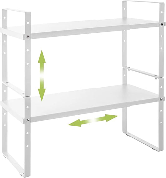 Across-Star Expandable Cabinet Shelf Organizer Rack, Stackable Kitchen Counter Storage Shelves Stand, Adjustable Height Pantry Shelf Spice Rack (White, 2 Pack)
