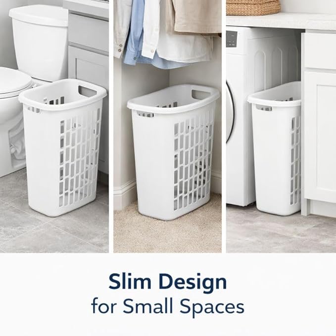 Rectangular Laundry Hamper, Slim Plastic Clothes Basket with Ventilation Holes, Lightweight Open Top Design for Small Spaces, White (2)