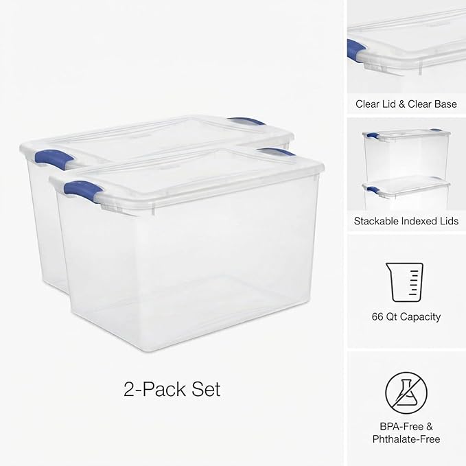 66 Qt Storage Bins with Lids, 2 Pack Large Clear Plastic Storage Containers with Secure Blue Latches, Stackable Clear Totes for Sports Equipment