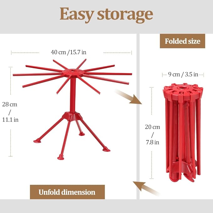 Ourokhome Collapsible Pasta Drying Rack, Plastic Foldable Homemade Fresh Spaghetti Stand Dryer Noodle Hanger for Kitchen with 10 Arms, Stable, Easy Storage, Quickly Set Up (Red)