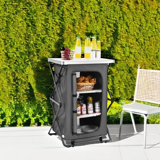 Giantex Folding Camping Storage Cabinet with 3 Shelves and Carry Bag, Portable Outdoor Organizer Kitchen Table, Quick Set-up for BBQ, Picnic, Backyard, Compact Pop-Up Cupboard, 35''H