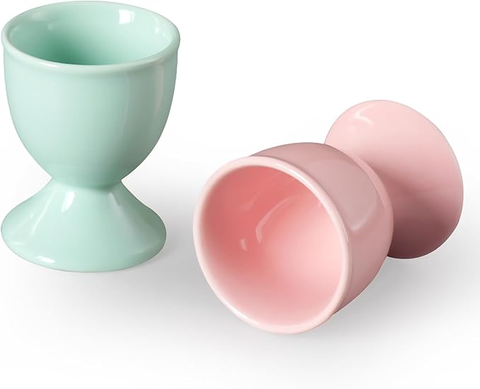 Cinf Ceramic Egg Cup Set of 2 Porcelain Holder Breakfast Boiled Cooking Easy to Clean Childhood Memories Kitchen(Macaron)
