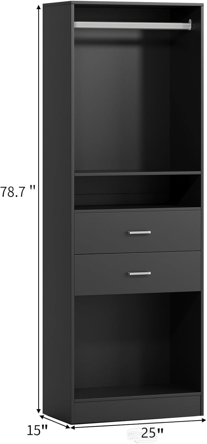 VOWNER 25'' Freestanding Closet System with Drawers & Hanging Rod, Wood Closet Organizer System, Walk-in Closet Shelving Unit, Clothes Garment Rack, Armoire Wardrobe Bedroom Entryway