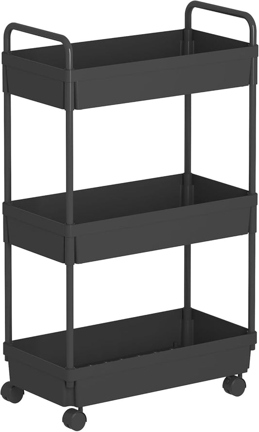 Buzowruil Rolling Storage Cart 3 Tier Organizer Mobile Shelving Unit Storage Rolling Utility Cart with Wheels for Kitchen Bathroom Laundry,Black