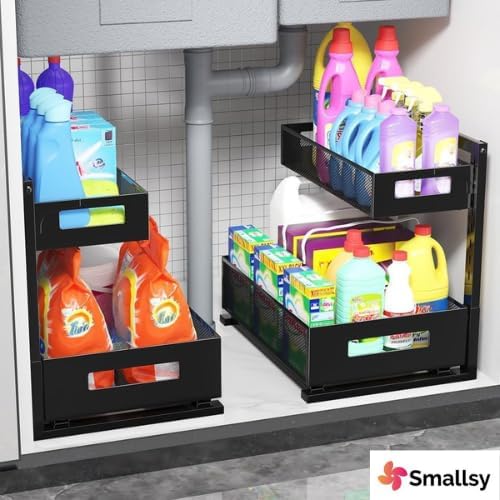 2-Tier Metal Under Sink Organizer, Pull out Smoothly with Track, Large Capacity Heavy Load Under Sink Storage for Kitchen and Bathroom