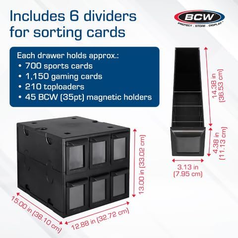 BCW 6 Drawer Card Catalog - Black | Stackable Trading Card Organizer Box | Holds Sports Cards, Gaming Cards, Toploaders & Magnetics | Heavy-Duty Black Plastic Storage with Dividers