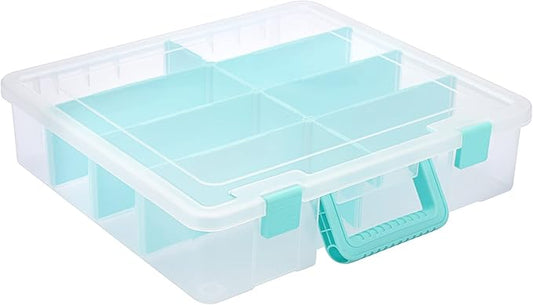 BTSKY Clear Plastic Dividing Storage Box with 8 Compartments Adjustable Storage Bin with Lid Portable Craft Storage Container Multipurpose Sewing Box Art Supply Organizer, 15.1x13.9x3.5 Inches