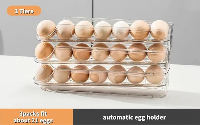 Egg Holder for Fridge,Stackable 1-4 Tiers Container,Auto Rolling Fridge Organizer for Refrigerator,Space-Saving Dispenser Holder,Refrigerator Egg Rack Transparent (3 Packs)